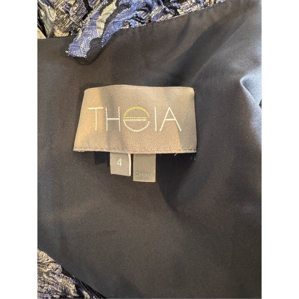NWT Theia Brocade Dress 4 Navy Square Puff Sleeve Midi Wedding Guest Cocktail - Picture 8 of 9
